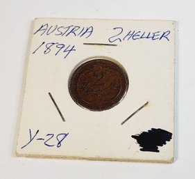 1894 2 Heller Austria Coin