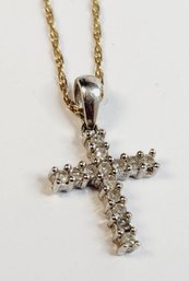 Vintage 14k Yellow / White Gold Necklace And Cross Diamond Studded Pendant