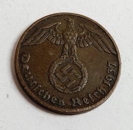 Germany 1937 1 Reichspfennig  3rd Reich Nazi Eagle  Coin