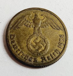 Germany 1938  10 Reichspfennig  WW II 3rd Reich Nazi Eagle Swastika Coin