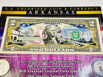 U.S. Colorized Arkansas Coins And $2 Dollar Bill  With History / Info (Bill & 2 Quarters)