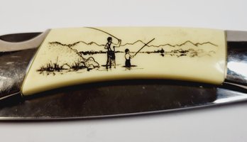 Vintage Scrimshaw Fishing Drawing  Pocket Knife