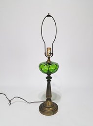 Mid Century Brass & Green Optic Glass Hollywood Regency Table Lamp