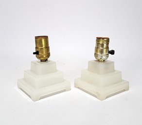 Art Deco Stepped Milk Glass Small Vanity Table Lamp Set Of 2