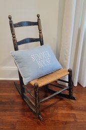 Antique Shaker Ladder Back Rush Rocking Chair With Ryan Home Nautical Blue Linen Pillow. - -- - - - - - Loc:SR