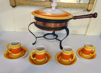 Four Retro Mancion MCM Demitasse Cups And Saucers With Matching Top, Copper Base And 2 Quart Pot