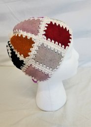 Vintage BOHO White Wool And Multicolored Leather Patchwork Hat Size Small