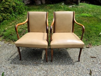 Once Top Of The Line: A Pair Of Leather Chairs By With Hammered Nails Around Rim Made With Beautiful Wood