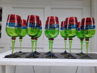 Ten Colored Glass Wine Glasses With Red, Green And Blue