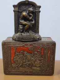 Brass The Thinker Statue Paired With Vintage Tin Box