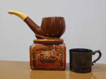 Vintage Pipe, Cup And Tobacco Tin