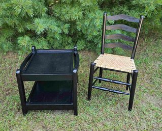 Shiny Black Painted Side Table And Newly Caned Chair