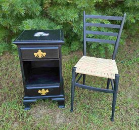 Matte Black Painted 2 Drawer Side Table And Newly Caned Chair
