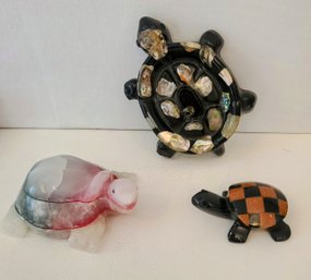 A Trio Of Turtles, MOP,  Goldstone And Onyx Stone And Dyed Quartz And Onyx Stone Turtle Figurines