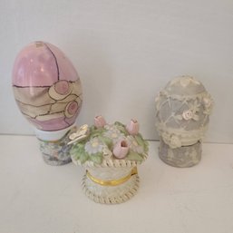 Hand Painted Pink Egg,  Gaudi Egg Holder, Lenox Trinket Box, Decorative Floral Egg And Stand