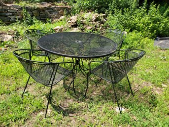 Vintage MCM 5 Piece Woodard(?) Wrought Metal Round Table & Four Barrel Back Arm Chairs - See Description