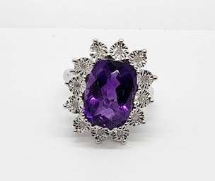 African Amethyst & White Diamonds, Rhodium Over Sterling Ring