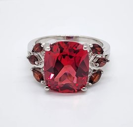 Red Padparadscha Sapphire, Red Garnet, White Zircon, Rhodium Over Sterling Ring