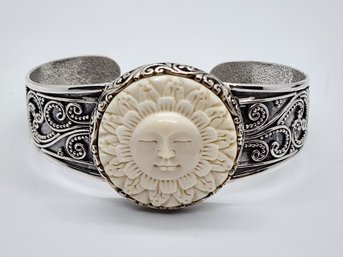 Bali Goddess Carved Bone Cuff Bracelet In Sterling