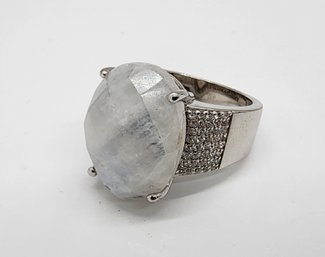 White Moonstone, White Zircon, Rhodium Over Sterling Ring