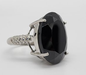 Thai Black Spinel, White Zircon Ring In Platinum Over Sterling