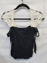 Valentino Sleeveless White Lace Shoulders Black Wool, Silk & Cashmere Top With Tags - Size S Made In Italy