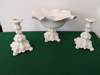 VINTAGE HAND PAINTED COMPOTE AND MATCHING CERAMIC CANDLE STICK HOLDERS