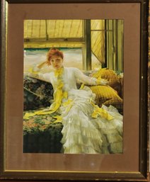 Matted And Framed Vintage Painting Of Ginger Woman Lounging In Front Of The Ocean