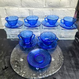 Vintage Blue Glass Cups And Saucers With Creamer And Sugar