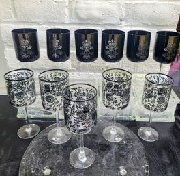 Eleven Black And White Wine Glasses, Two Styles