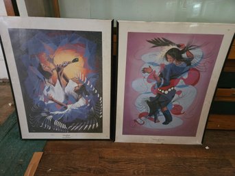 Pair Of Framed Artwork Prints - Native Americans Dancing - 28'x22'