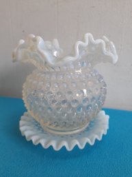 Vintage Fenton Hobnail Opalescent Ruffled Edge Vase With Base Tray