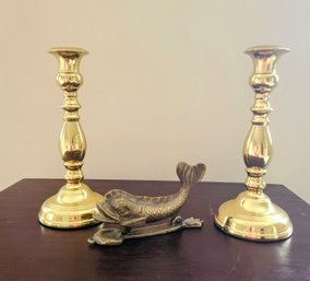 Brass Candlesticks Paired With Vintage Brass Fish Door Knocker