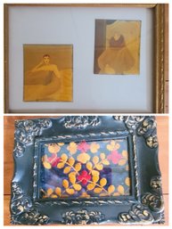 Vintage Hand Painted Women On Enamel? With An Antique Bit Of Tapestry In A Heavy Ornate Frame