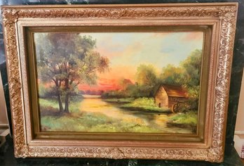 Beautiful Pastoral Original Oil Painting Scene Of River, Old Mill By Artist ( R.G. Welsch?)