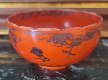 Antique Eiraku Porcelain Japanese Red-Orange Dragon Bowl