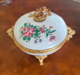 Antique French Porcelain Footed Box Embellished With Cherub Decoration