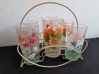 Hand Painted Drinking Glasses In Vintage Caddy