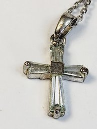 Vintage Sterling Silver Necklace And Clear Stone Cross Silver Tone Pendant