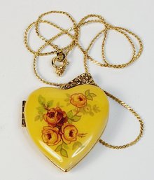 Vintage Gold Tone Enamel Heart Locket Pendant And Necklace