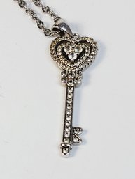 Vintage Sterling Silver Studded Key Pendant And Pretty Link Necklace