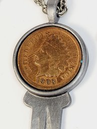 Vintage Silver Tone 1903 Indian Head Penny Key Pendant With Necklace