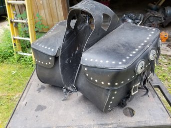 Vintage Black Leather Studded Motorcycle Saddle Bags