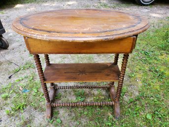 Antique Wood Oval Topped Cobbler's Table Single Drawer With Turned Legs