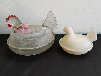 Glass Hen Jar Lot Of 2