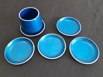 Emallox Norway Blue Enameled Cup And Coasters