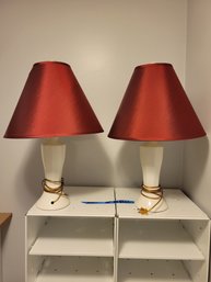 Pair Of Table Lamps.  Candy Apple Red Veiny Shades In Great Shape