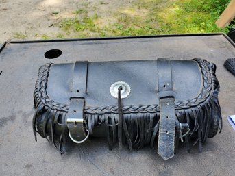 Vintage Black Leather Fringed Motorcycle Handlebar Pouch