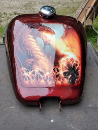 Harley Davidson Burgundy Painted Gas Tank With Custom Designed Dragon & Flames Vinyl Graphic