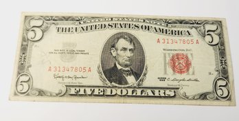 1963 Red Seal $5 Dollar Bill (60 Years Old) U S Note